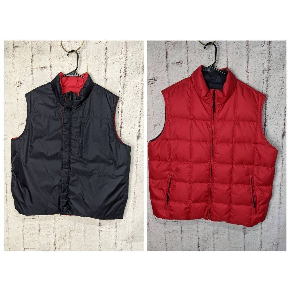 LandsEnd Reversible Vest Black Red Goose Down Mens Puffer Full Zip‎ Up Sz XL